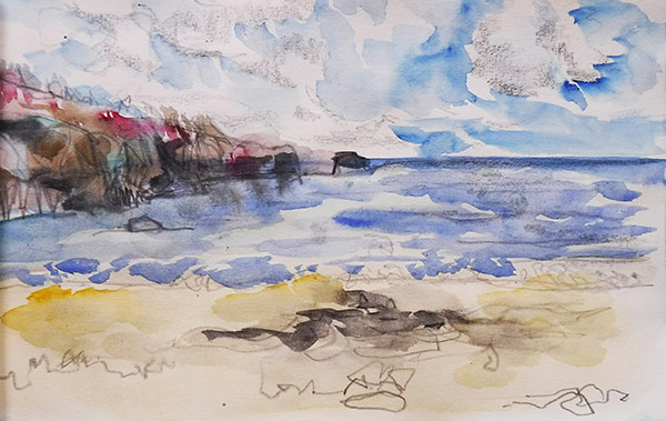 Sunny September Day at Porthluney, a sketchbook watercolour drawing by Nina Packer; the format is landscape, looking across yellow sands and blue sea, with a headland to the left, the brushstrokes are loose and pencil marks show through, there are white clouds racing over the sky, and the bracken on the headland is bright red.