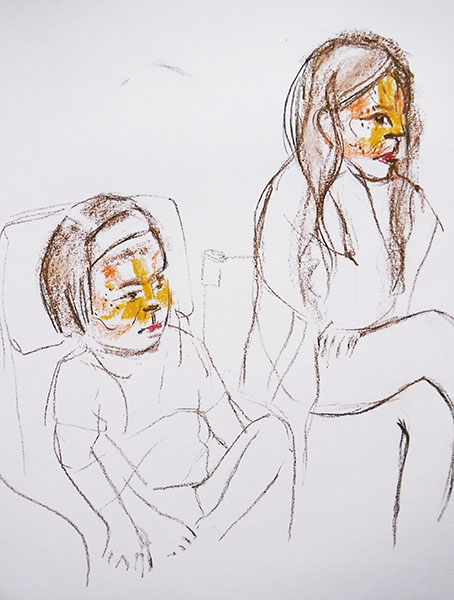 A portrait format drawing in charcoal and pastel on paper of two children with tiger facepaint, by Nina Packer. The figures are charcoal line drawings, the faces are the only colour, they are sitting in chairs with faces turned looking towards the right to a TV out of sight of the viewer, which s playing Tom & Jerry cartoons.