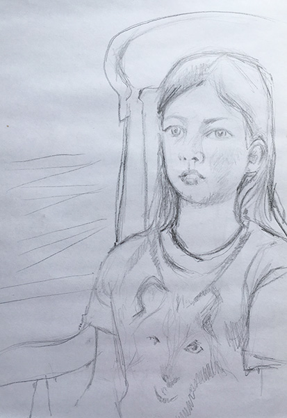 A portrait format pencil drawing of the artists daughter, she is sat in a wooden arm chair looking out from the page and wearing wolf t-shirt.