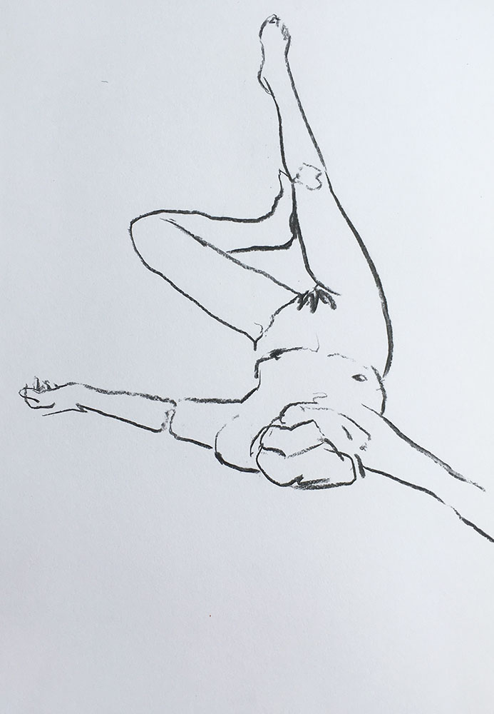 A portrait format line figure life drawing in charcoal by Nina Packer, the female model is lying on her back in a languid pose, the lines are quickly drawn and simple.