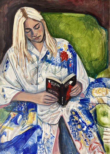 A portrait format figurative oil painting of a girl reading. She is sitting on a green velvet high backed chair, and wearing an antique silk kimono in cream, with blue and red details and gold thread embroidered detail. The girl is facing us and looking down towards the book she hold in her lap, a copy of The Handmaid's Tale by Margaret Atwood. Her face is representational, the textiles are rendered in loose brushstrokes.