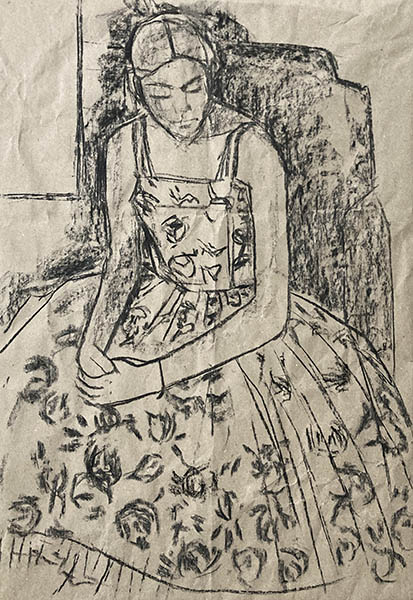 A portrait format charcoal drawing on buff paper of a girl in a 1950s ballerina dress, she is sitting perched on the edge of a chair with her hands in her lap looking down and to the right, her hair is pulled back from her face, the dress is covered with black velvet roses. This is a study for a painting.