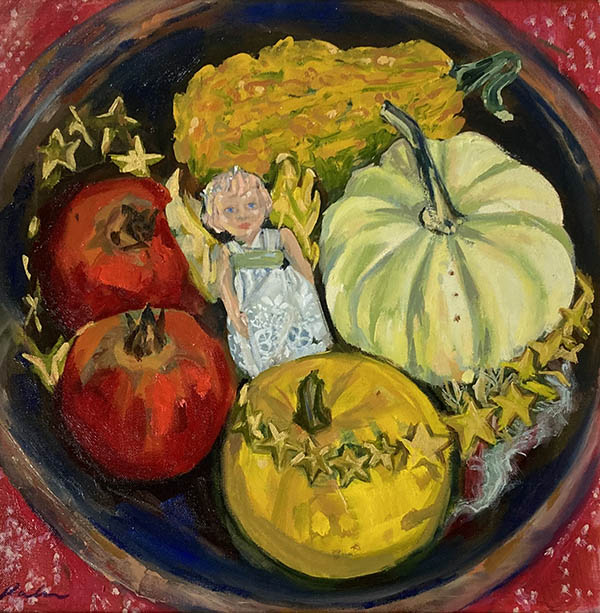 A square format oil painting of a wooden bowl, containing two small yellow and orange pumpkins and a gourd with two ruby red pomegranates, nested between the fruit is a small, very old celluloid Christmas Fairy, with a Broderies Anglais dress and gold paper wings. There is a garland of gold stars snaking accross the items, and a little group of dried silvery moss tucked between. It is called All Souls and Christmas.