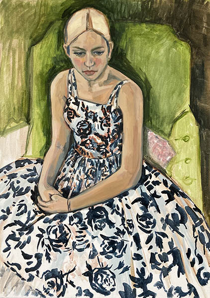 A portrait format oil painting of a girl sat on a green velvet chair, in a 1950s ballerina style dress. The girl is about 18 years old, and very pretty, with blonde hair pulled back in a bun with a centre parting, her dress is white with a net petticoat, and scattered with black velvet roses. She sits slightly side on, with her hands together on her lap. She feels very serene, some parts of the picture are painted very loosely, whilst her face and features are figurative.