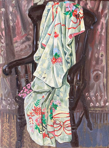 A portrait format figurative oil painting of a green Japanese kimono draped over a dark wooden spindle backed chair. The kimono is of fine pistachio silk with deliacte flowers and gold thread embroidery, the background is a loosely painted antique textile in muted browns and pinks with tassels on the bottom, and the chair sits on top of a contrasting pattern rug. It's a very calm feeling picture